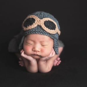 Newborn pilot costume knit aviator airplane crochet goggles cap hat beanie jumpsuit infant baby boy girl aviation Halloween photography prop
