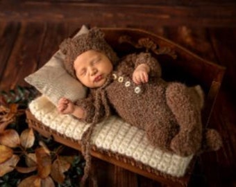 Newborn Teddy Bear costume knit crochet boucle outfit suit bodysuit romper bonnet hat infant baby boy girl Halloween photography photo props