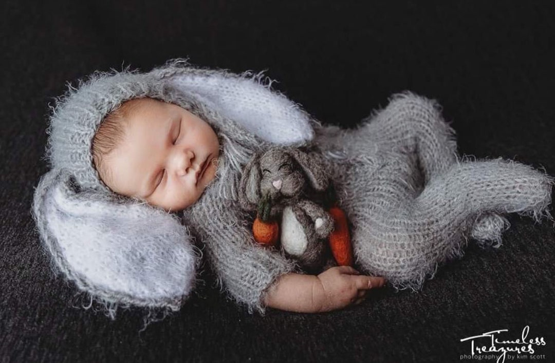 Baby Bunny Costume Outfit Knit Rabbit Suit Overall Jumpsuit Bonnet Hat ...