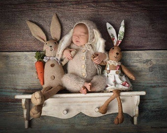 Baby bunny costume outfit knit rabbit suit overall jumpsuit bonnet hat romper newborn infant sitter girl boy toddler gift Spring photography