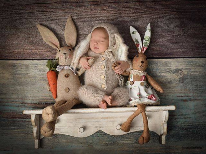 Baby bunny costume outfit knit rabbit suit overall jumpsuit bonnet hat romper newborn infant sitter girl boy toddler gift Spring photography image 1