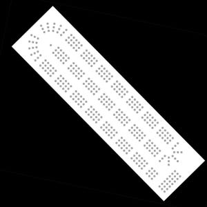 May include: A white rectangular pegboard with numerous small holes arranged in a grid pattern. The pegboard has a curved section at one end, and the holes are designed to hold pegs or other small items. The background is black.