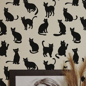 Novelty Cat wallpaper - Peel and Stick Wallpaper or Non Pasted Wallpaper / Animal Removable wallpaper / Black and white wallpaper