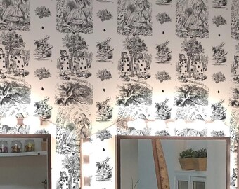 Vintage Wonderland Wallpaper | Black and White Rabbit and Alice Peel & Stick Removable Fabric or Vinyl, Non-Pasted | Custom Sizes and Colors