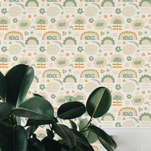 Beige Boho Wallpaper | Retro Rainbows Peel and Stick Removable Fabric or Vinyl, Non-Pasted | Custom Sizes