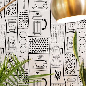 Eclectic Coffee wallpaper - Peel and Stick Wallpaper or Non Pasted Wallpaper / Coffee Removable wallpaper / Black and white wallpaper