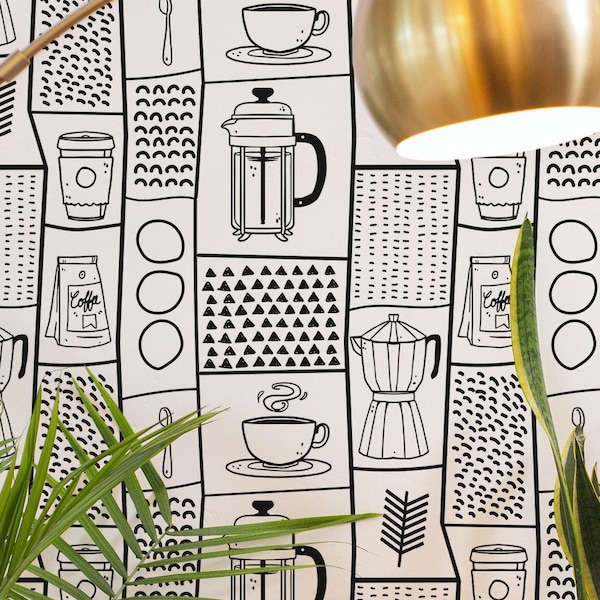 Eclectic Coffee wallpaper - Peel and Stick Wallpaper or Non Pasted Wallpaper / Coffee Removable wallpaper / Black and white wallpaper