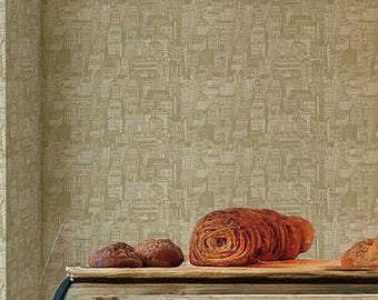 Town Bakery Wallpaper | Green Line Art Peel and Stick Removable Fabric or Vinyl, Non-Pasted | Custom Sizes