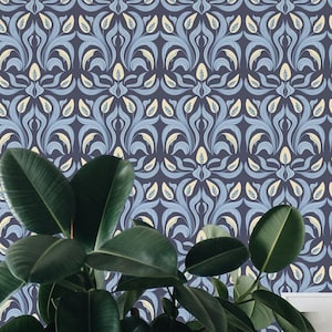 Art Deco Floral wallpaper - Peel and Stick Wallpaper or Non Pasted Wallpaper / Floral Removable wallpaper / Blue self-adhesive wallpaper