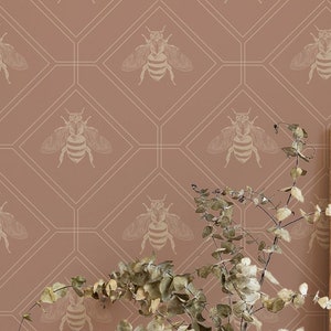 Art Deco Bee wallpaper - Peel and Stick Wallpaper or Non Pasted Wallpaper / Bee Removable wallpaper / Brown self-adhesive wallpaper