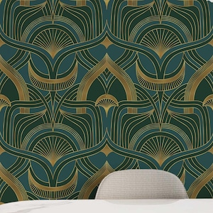 Art Deco Geometric wallpaper - Peel and Stick Wallpaper or Non Pasted Wallpaper / Geometric Removable wallpaper / Green wallpaper