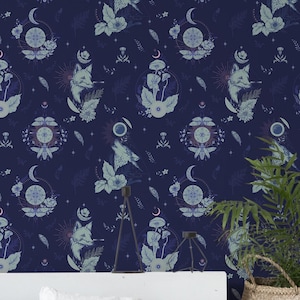 Midnight Gothic Fantasy Wallpaper | Navy Blue Botanicals and Animals Peel and Stick Removable Fabric or Vinyl, Non-Pasted | Custom Sizes