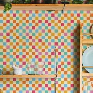 Carta da parati per mobili da cucina Groovy Retro Checker - Carta da parati staccabile e adesiva per mobili da cucina - Vinile o tessuto