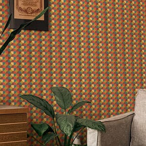 Orange Fun Retro Wallpaper | Geometric Retro Peel and Stick Removable Fabric or Vinyl, Non-Pasted | Custom Sizes