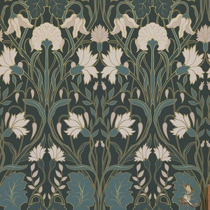 Art Deco Floral wallpaper - Peel and Stick Wallpaper or Non Pasted Wallpaper / Floral Removable wallpaper / Green self-adhesive wallpaper