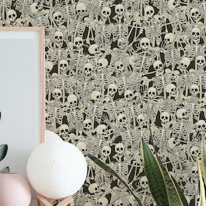 Skeleton wallpaper - Peel and Stick Wallpaper or Non Pasted Wallpaper / Skull Removable wallpaper / Beige Halloween self-adhesive wallpaper