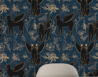 Navy Blue Winged Cats Wallpaper: Whimsical Botanical Pattern (Non-Pasted, Pre-Pasted, Peel and Stick, Custom Sizes)
