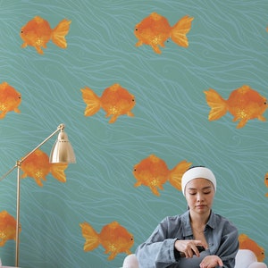 Nautical Fish wallpaper - Peel and Stick Wallpaper or Non Pasted Wallpaper / Fish Removable wallpaper / Turquoise self-adhesive wallpaper