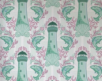 Minty Coastal Wallpaper | Green Coastal Fish Peel and Stick Wallpaper - Removable Fabric or Vinyl, Non-Pasted | Custom Sizes