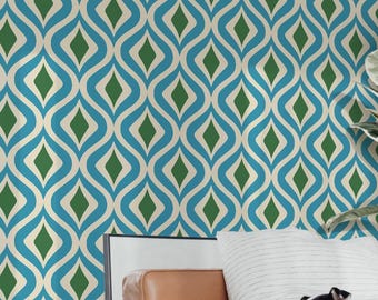 Blue Retro Wallpaper | Blue Peel and Stick Removable Fabric or Vinyl, Non-Pasted | Custom Sizes