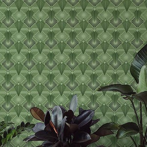 Green Art Deco Wallpaper | Green Peel and Stick Removable Fabric or Vinyl, Non-Pasted | Custom Sizes