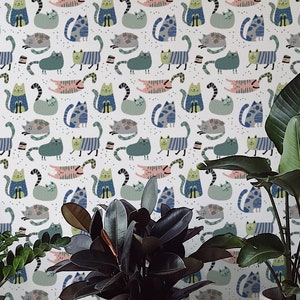 Cute Fun Cat wallpaper - Peel and Stick Wallpaper or Non Pasted Wallpaper / Animal Removable wallpaper / Colorful self-adhesive wallpaper