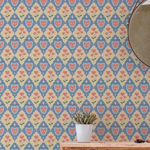 Cute Art Deco wallpaper - Peel and Stick Wallpaper or Non Pasted Wallpaper / Geometric Removable wallpaper / Blue self-adhesive wallpaper