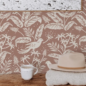 Botanical Bird wallpaper - Peel and Stick Wallpaper or Non Pasted Wallpaper / Bird Removable wallpaper / Brown self-adhesive wallpaper