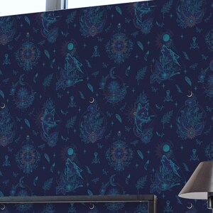 Mystic Gothic Night Wallpaper | Celestial Botanical Peel and Stick Removable Fabric or Vinyl, Non-Pasted | Custom Sizes