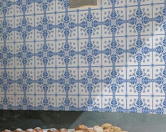 Faux tile Wallpaper | Blue and White Wallpaper Peel and Stick Removable Fabric or Vinyl, Non-Pasted | Custom Sizes