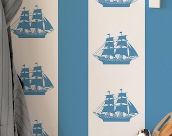 Blue Sailboat Wallpaper: Coastal Stripe Pattern (Non-Pasted, Pre-Pasted, Peel and Stick, Custom Colors & Sizes)
