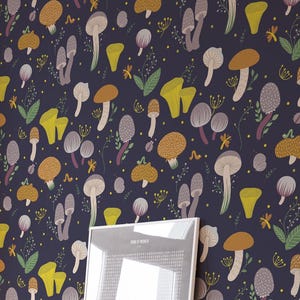 Carta da parati con effetto estetico blu a forma di fungo / Carta da parati con effetto foresta di funghi, rimovibile, in tessuto o vinile, non incollata / Dimensioni personalizzate