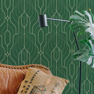 Waldgrüne Art Deco Tapete | Abstraktes Geometrisches Peel and Stick Abnehmbarer Stoff oder Vinyl, nicht geklebt | Kundenspezifische Größen