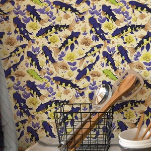 Eclectic Fish wallpaper - Peel and Stick Wallpaper or Non Pasted Wallpaper / Fish Removable wallpaper / Yellow self-adhesive wallpaper