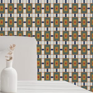 Retro Geometric wallpaper - Peel and Stick Wallpaper or Non Pasted Wallpaper / Geometric Removable wallpaper / Brown self-adhesive wallpaper
