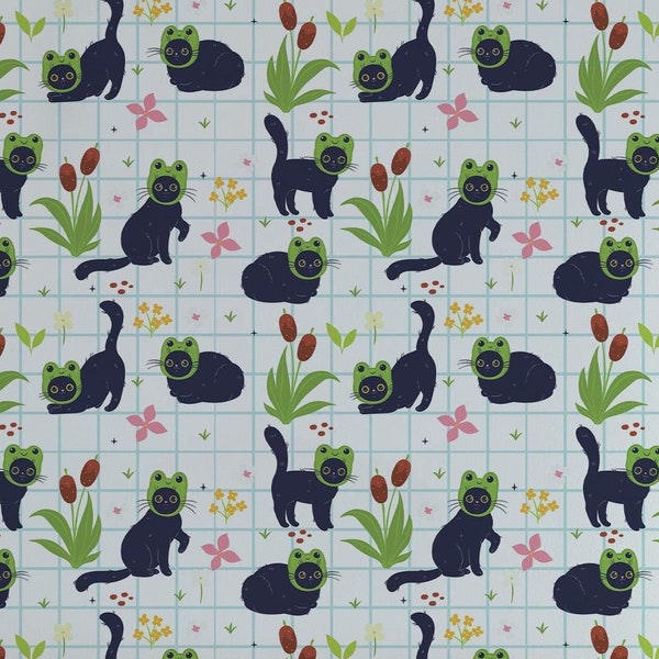 Kawaii Frog Cat wallpaper - Peel and Stick Wallpaper or Non Pasted Wallpaper / Animal Removable wallpaper / White self-adhesive wallpaper