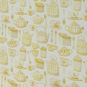 Carta da parati con set da tè giallo e bianco / Carta da parati divertente da staccare e attaccare gialla e bianca - Tessuto o vinile rimovibile, non incollato / Dimensioni personalizzate