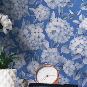Blue Hydrangeas wallpaper - Peel and Stick Wallpaper or Non Pasted Wallpaper / Floral Removable wallpaper / Blue self-adhesive wallpaper