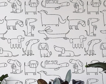 Novelty Dog wallpaper - Peel and Stick Wallpaper or Non Pasted Wallpaper / Dog Removable wallpaper / Black and white self-adhesive wallpaper