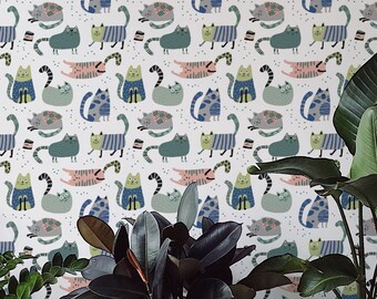 Cute Fun Cat wallpaper - Peel and Stick Wallpaper or Non Pasted Wallpaper / Animal Removable wallpaper / Colorful self-adhesive wallpaper