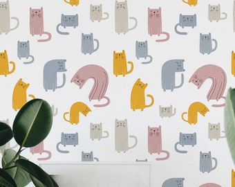 Quirky Cat wallpaper - Peel and Stick Wallpaper or Non Pasted Wallpaper / Animal Removable wallpaper / Colorful self-adhesive wallpaper