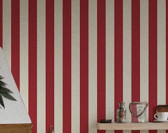 Vintage Red Cream Stripes Kitchen Wallpaper | Bold Vertical Stripe Pattern Peel & Stick Fabric, Vinyl, or Non-Pasted | Custom Sizes