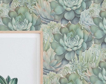 Sage Succulent wallpaper - Peel and Stick Wallpaper or Non Pasted Wallpaper / Plant and tree Removable wallpaper / Green wallpaper