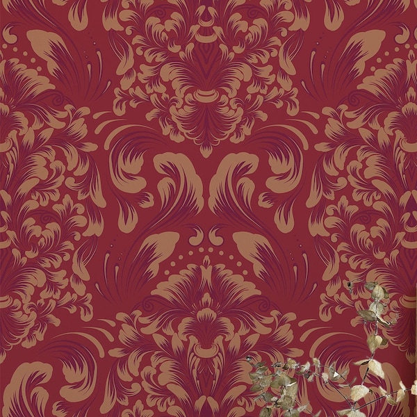 Burgundy wallpaper - Peel and Stick Wallpaper or Non Pasted Wallpaper / Damask Removable wallpaper / Burgundy self-adhesive wallpaper