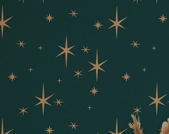 Dark Green wallpaper - Peel and Stick Wallpaper or Non Pasted Wallpaper / Celestial Removable wallpaper / Green self-adhesive wallpaper