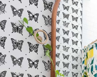 Black And White Butterfly Wallpaper | Skull Peel and Stick Removable Fabric or Vinyl, Non-Pasted | Custom Sizes and Colors