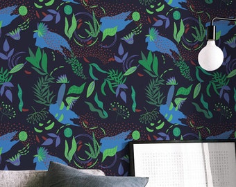 Black Floral wallpaper - Peel and Stick Wallpaper or Non Pasted Wallpaper / Floral Removable wallpaper / Black self-adhesive wallpaper
