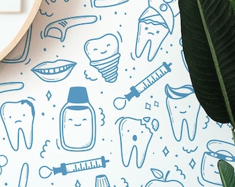Cute Brush Your Teeth wallpaper - Peel and Stick Wallpaper or Non Pasted Wallpaper / Fun Removable wallpaper / Blue and white wallpaper