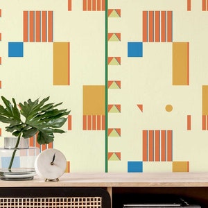 Retro shapes wallpaper - Peel and Stick Wallpaper or Non Pasted Wallpaper / Geometric Removable wallpaper / Yellow self-adhesive wallpaper