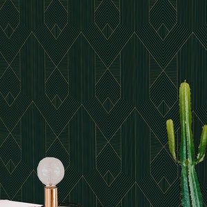 Grüne Art Deco Tapete zum Abziehen und Aufkleben / Fett und Dunkel - Geometrisches Chevron Gestreiftes Gewebe zum Abziehen und Aufkleben / Vinyl